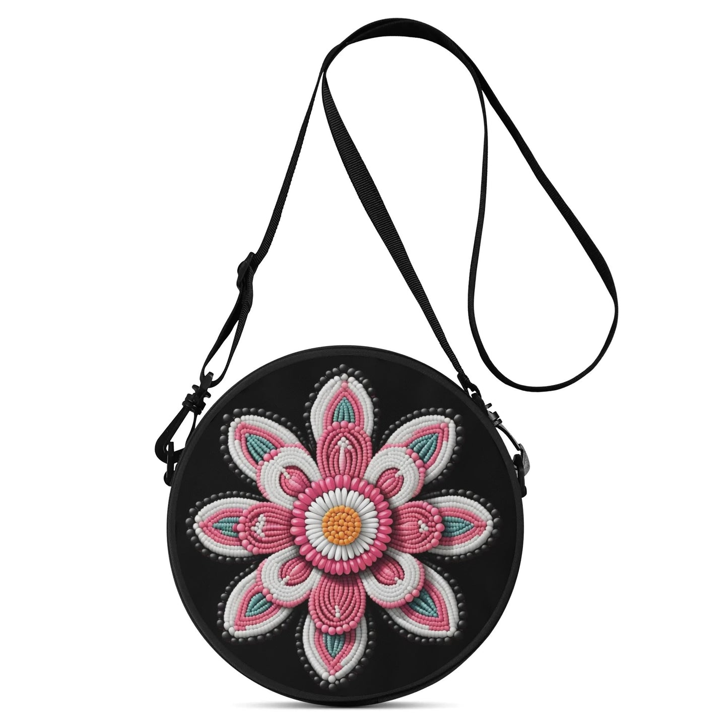 Pink Beaded Flower Round Satchel Bag