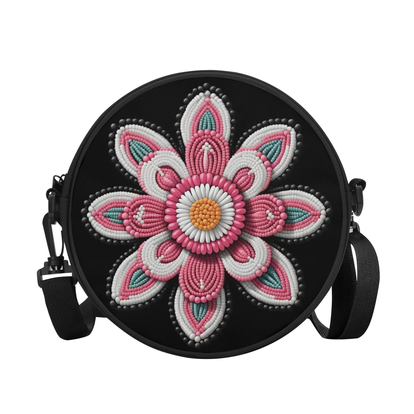 Pink Beaded Flower Round Satchel Bag