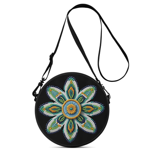 Green Beaded Flower Round Satchel Bag