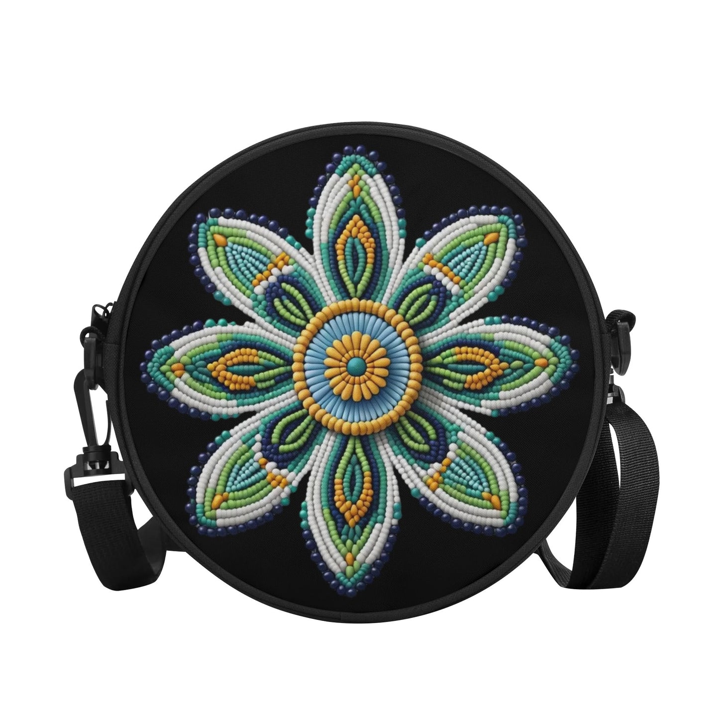 Green Beaded Flower Round Satchel Bag