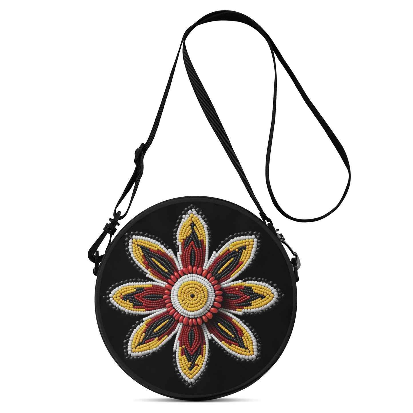 Red Beaded Flower Round Satchel Bag