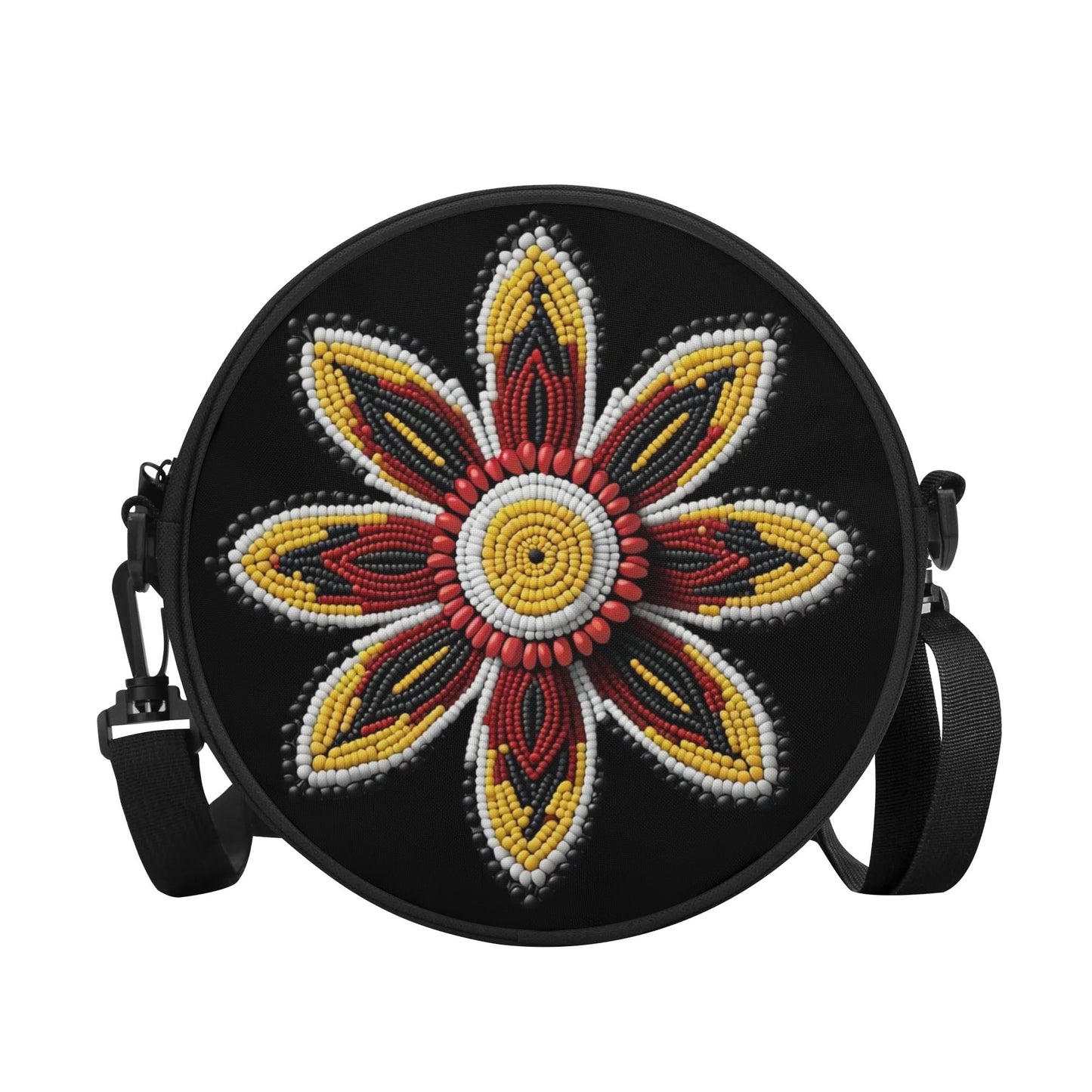 Red Beaded Flower Round Satchel Bag