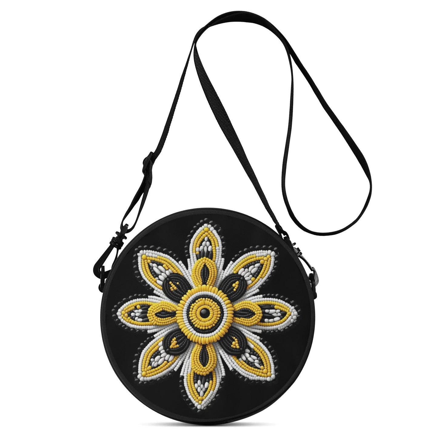 Yellow Beaded Flower Round Satchel Bag