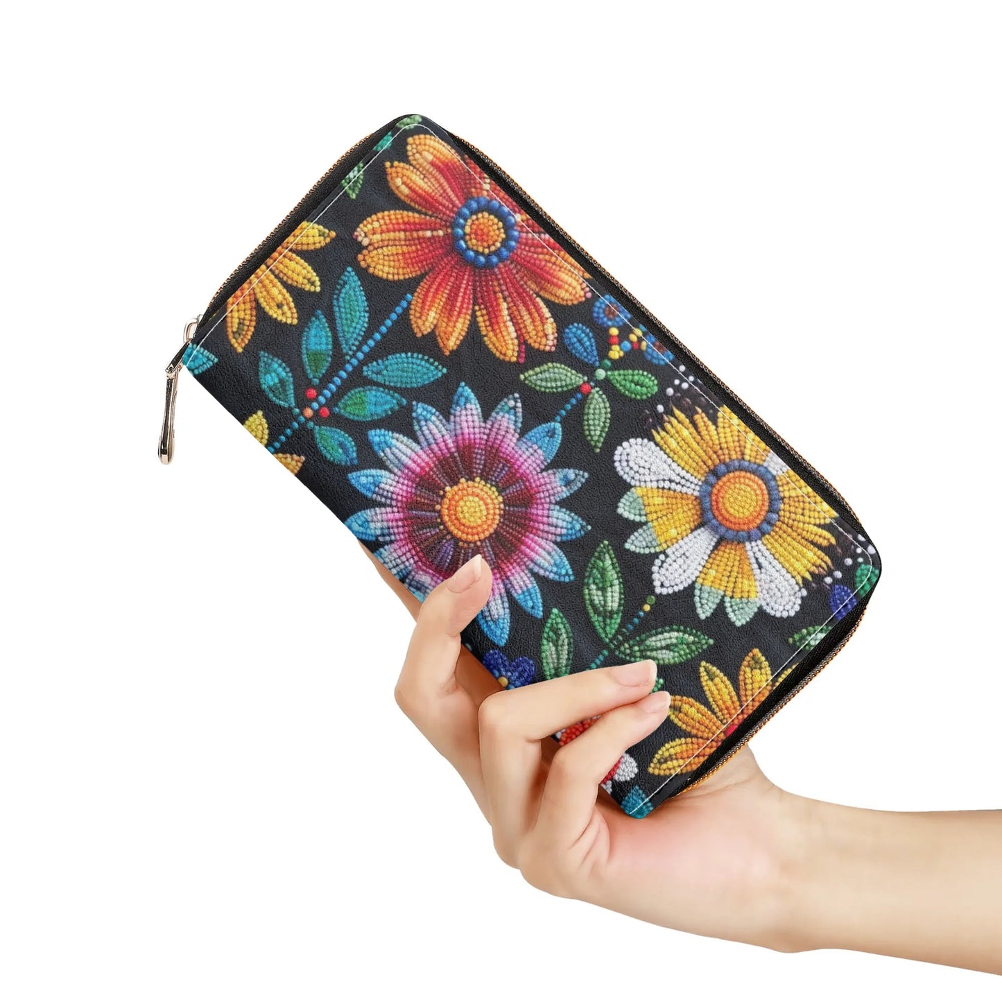 Summer Flower Beaded PU Zipper Wallet