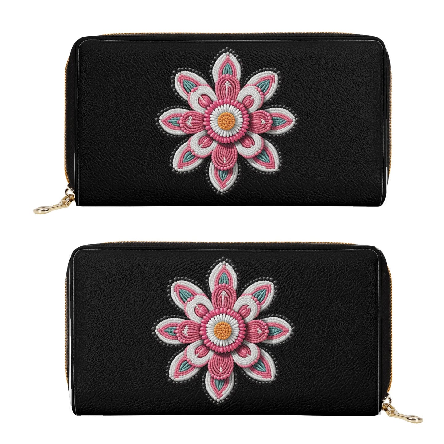 Pink Beaded Flower PU Zipper Wallet