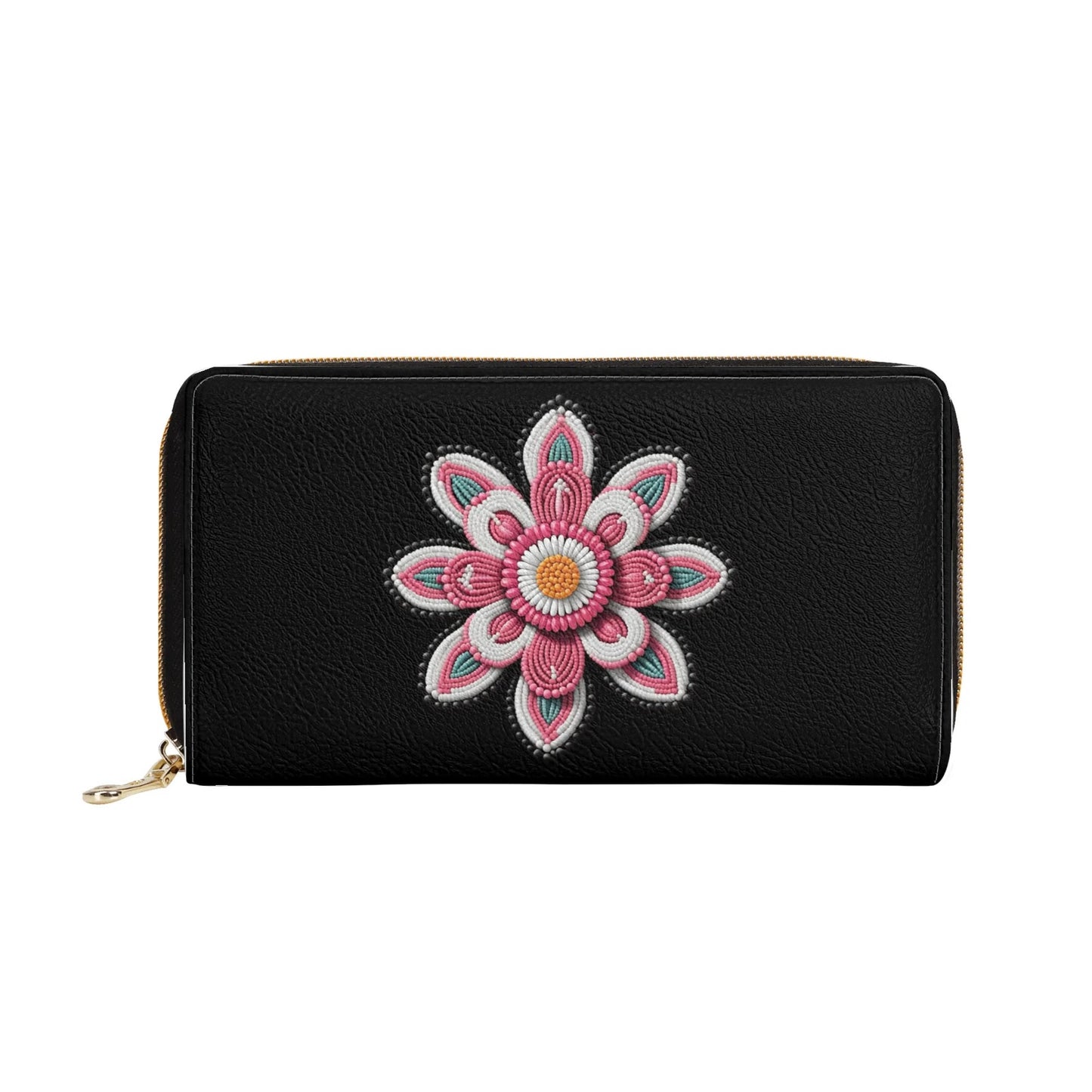 Pink Beaded Flower PU Zipper Wallet