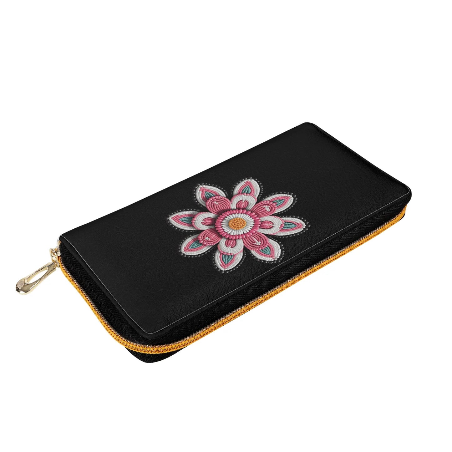 Pink Beaded Flower PU Zipper Wallet