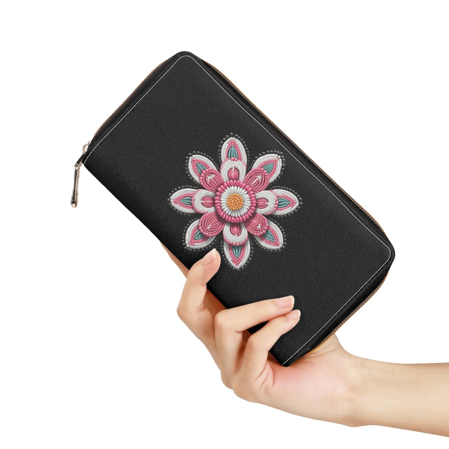 Pink Beaded Flower PU Zipper Wallet