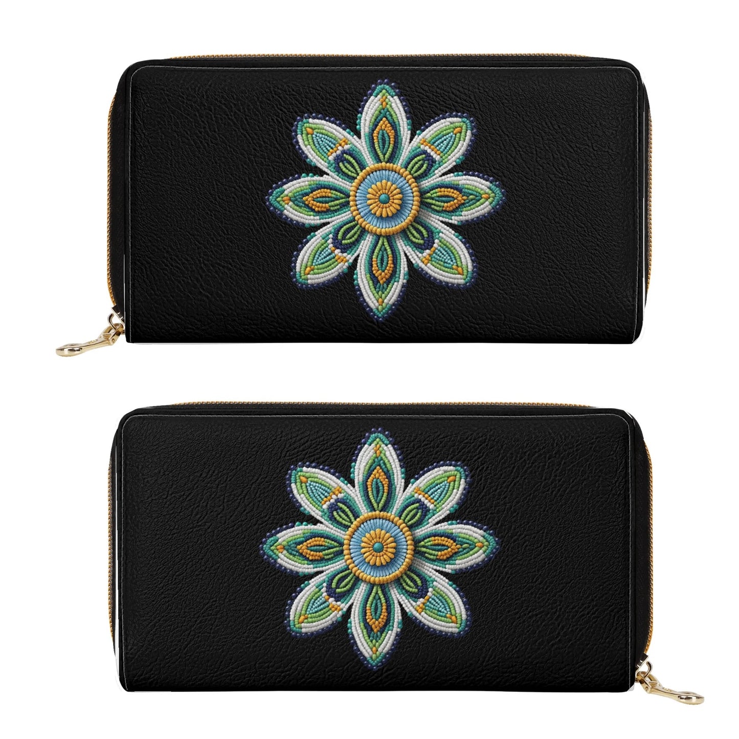 Green Beaded Flower PU Zipper Wallet