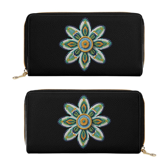 Green Beaded Flower PU Zipper Wallet