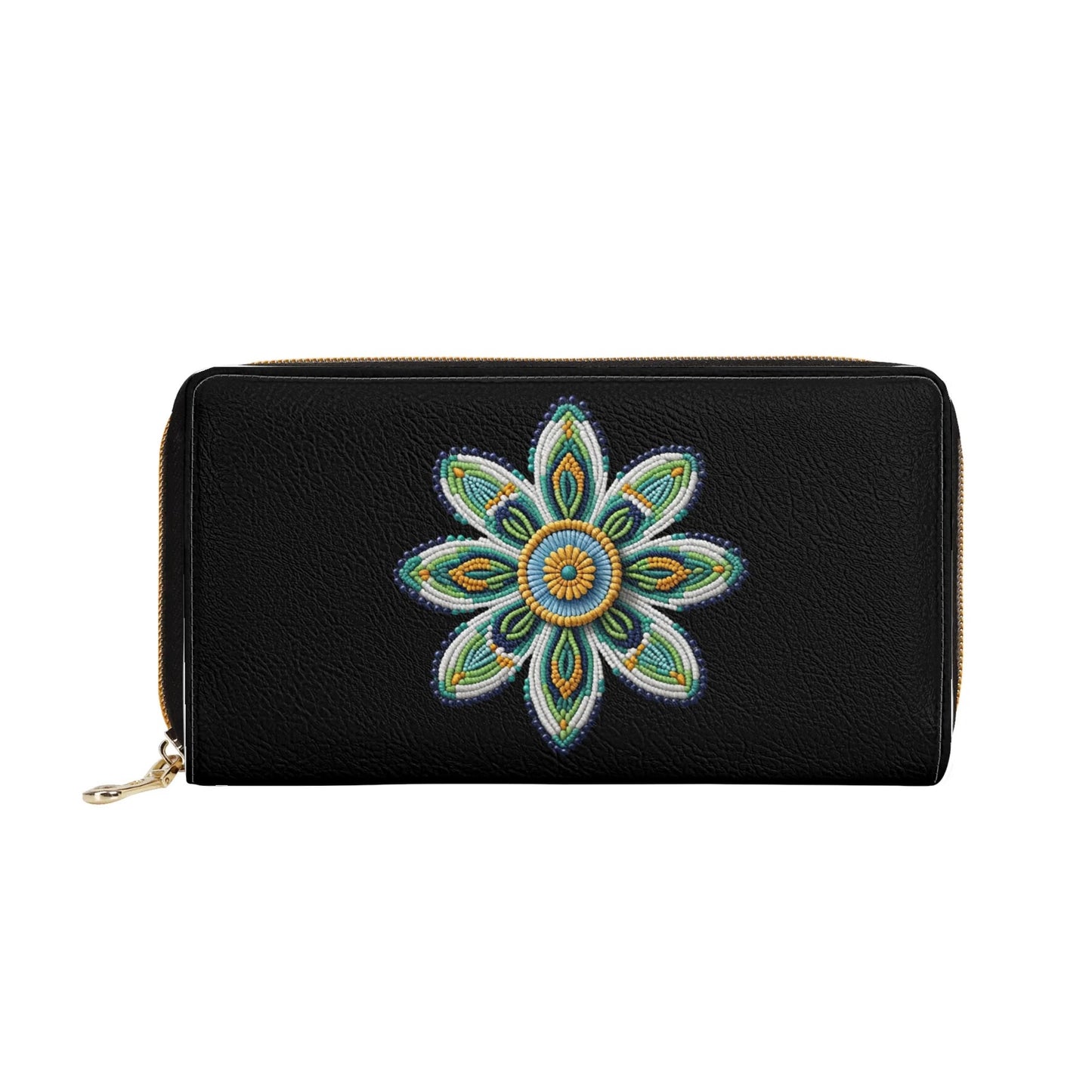 Green Beaded Flower PU Zipper Wallet