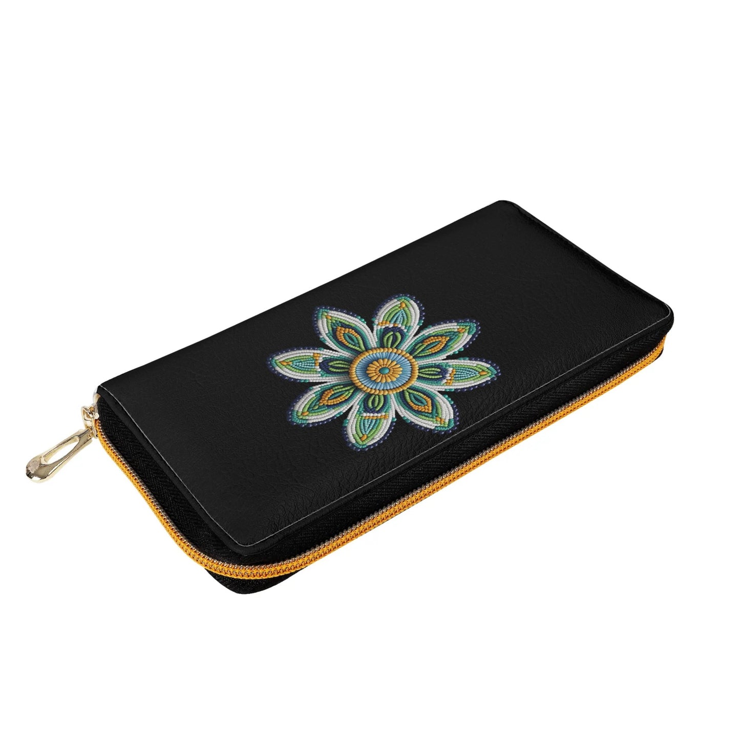 Green Beaded Flower PU Zipper Wallet