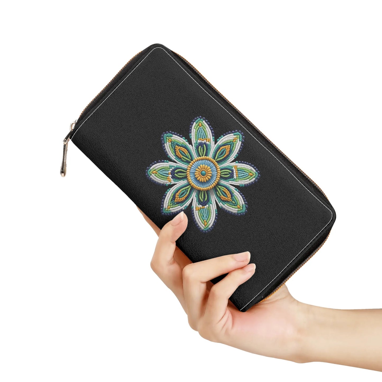 Green Beaded Flower PU Zipper Wallet