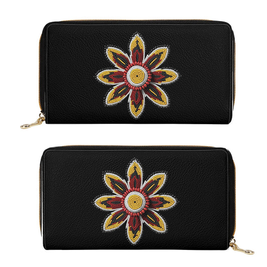 Red Beaded Flower PU Zipper Wallet