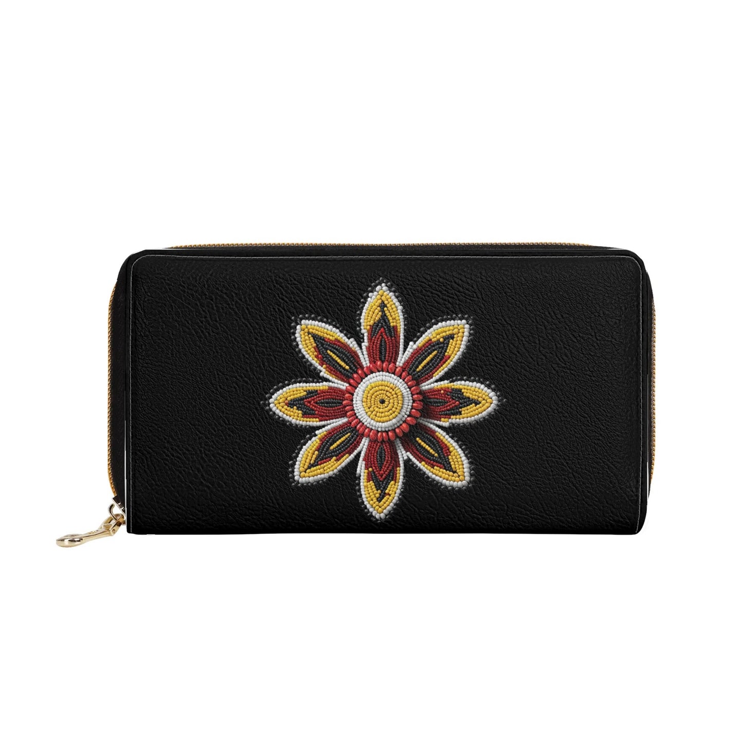 Red Beaded Flower PU Zipper Wallet