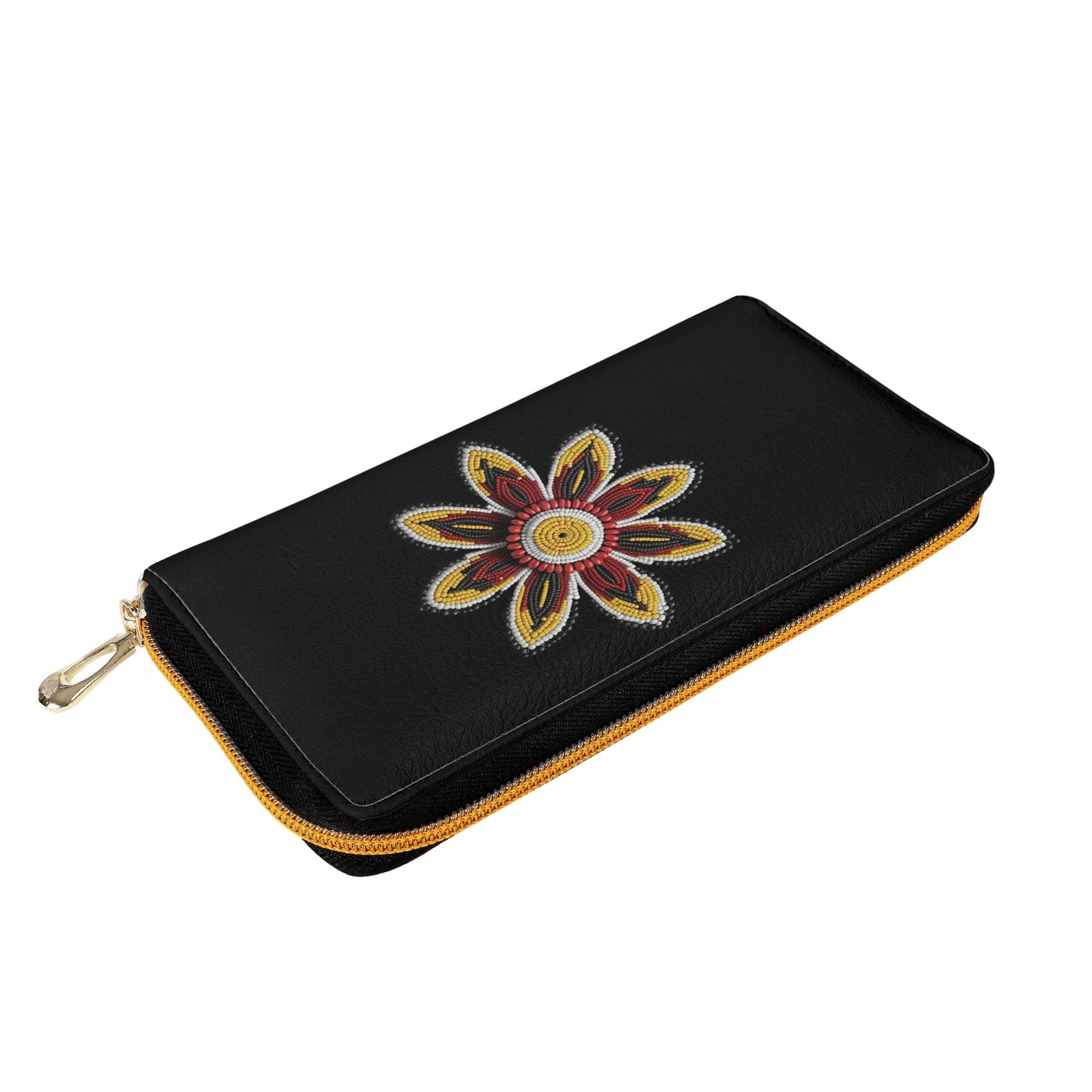 Red Beaded Flower PU Zipper Wallet