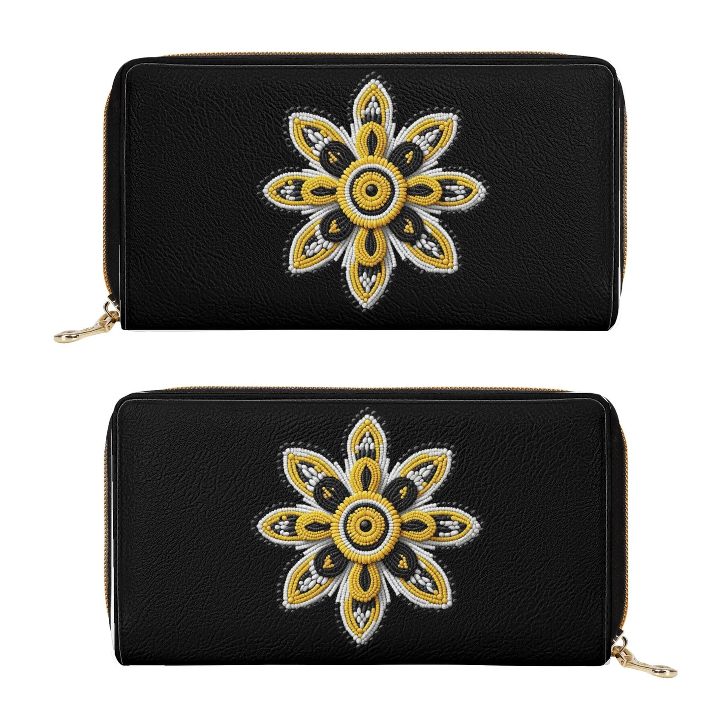 Yellow Beaded Flower PU Zipper Wallet