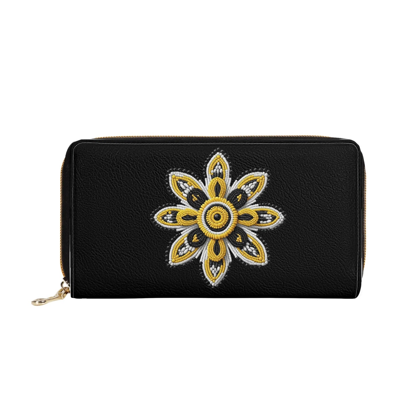 Yellow Beaded Flower PU Zipper Wallet