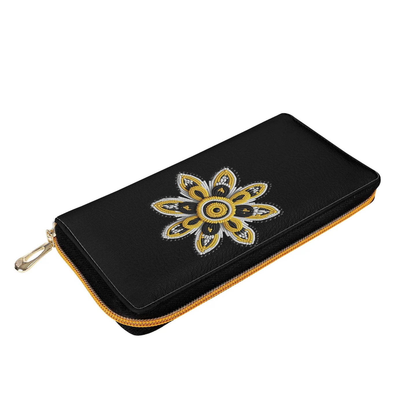 Yellow Beaded Flower PU Zipper Wallet