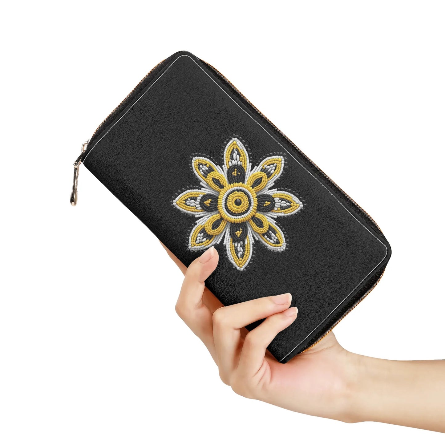 Yellow Beaded Flower PU Zipper Wallet