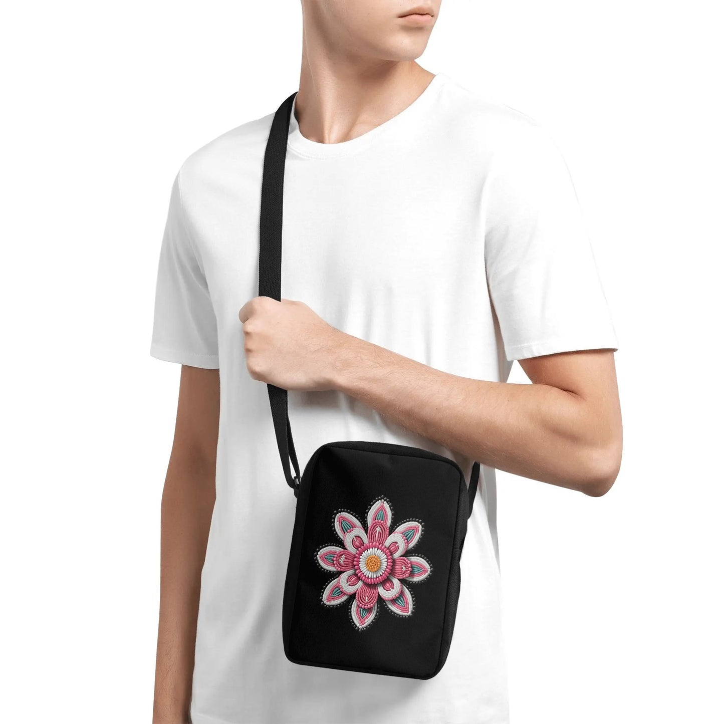 Pink Beaded Flower Cross Body Bag