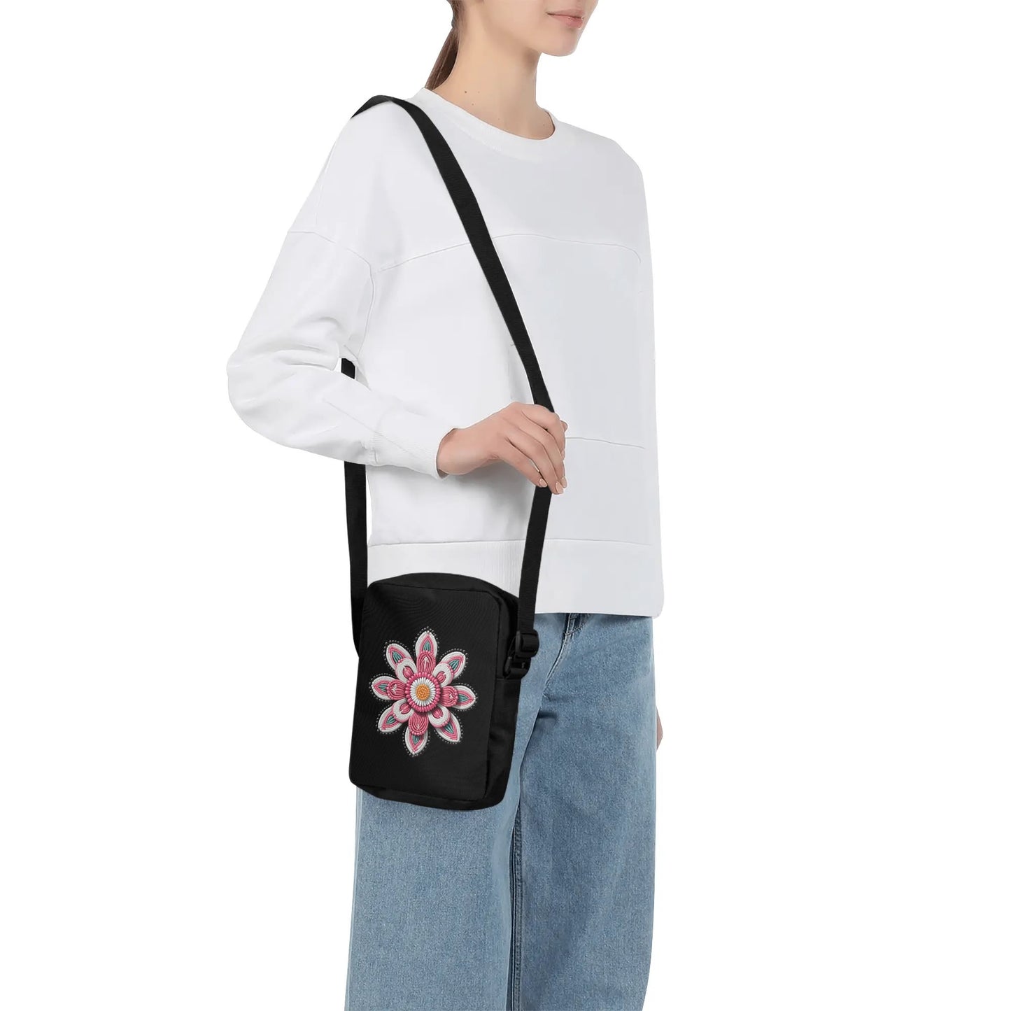 Pink Beaded Flower Cross Body Bag