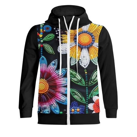 Unisex Summer Flower Beaded Full Zip Turtleneck Hoodie