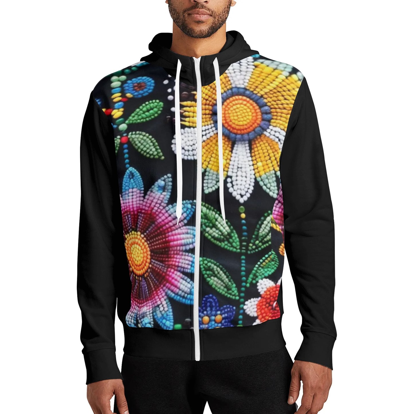 Unisex Summer Flower Beaded Full Zip Turtleneck Hoodie