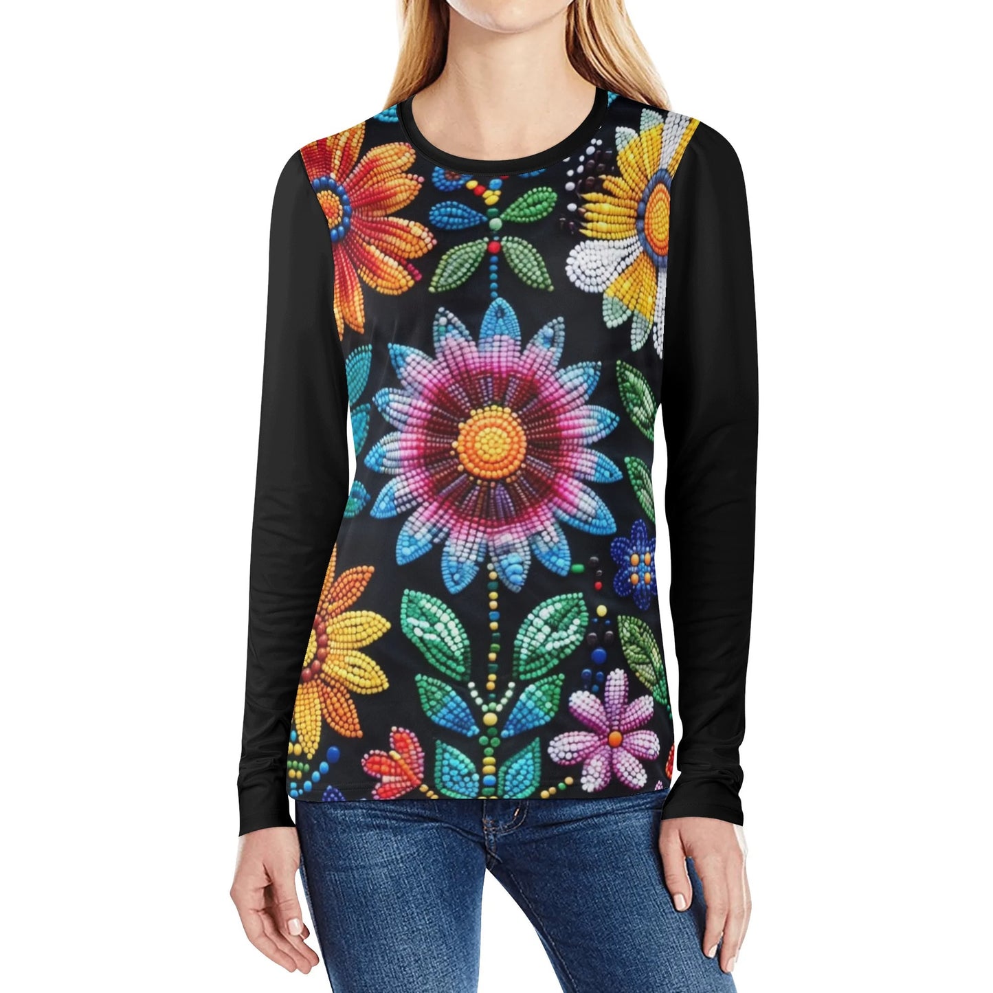 Women’s Summer Flower Beaded Long Sleeve T-Shirt