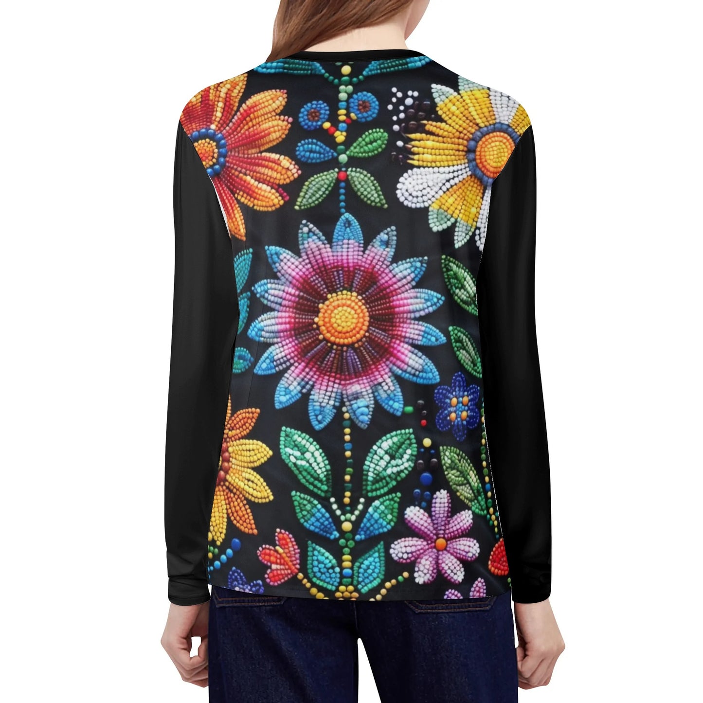 Women’s Summer Flower Beaded Long Sleeve T-Shirt