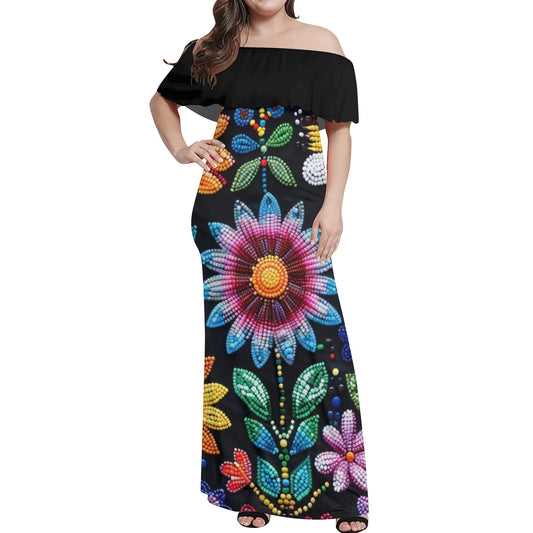 Women's Summer Flower Beaded Off Shoulder Long Dress w/ Black Upper