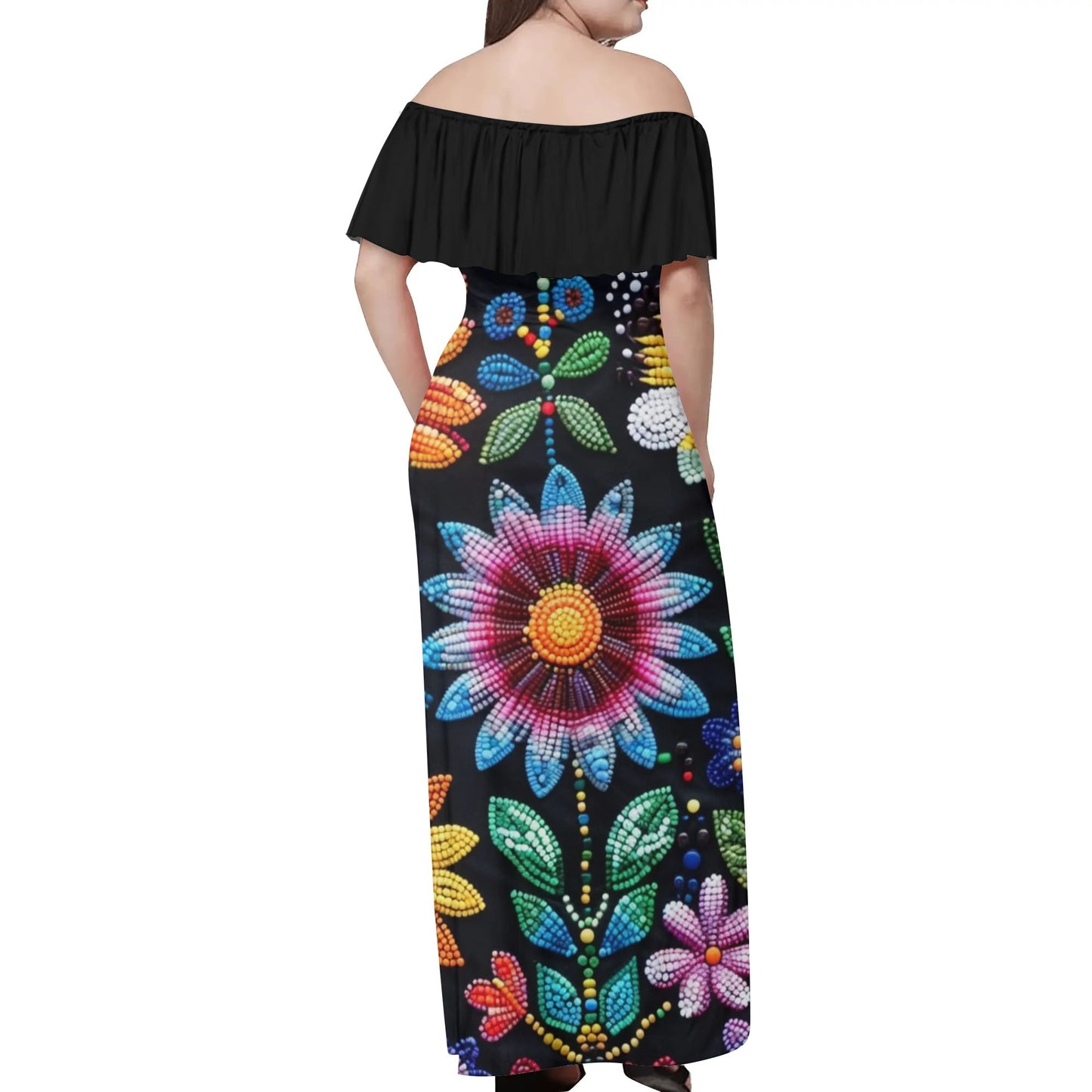 Women's Summer Flower Beaded Off Shoulder Long Dress w/ Black Upper