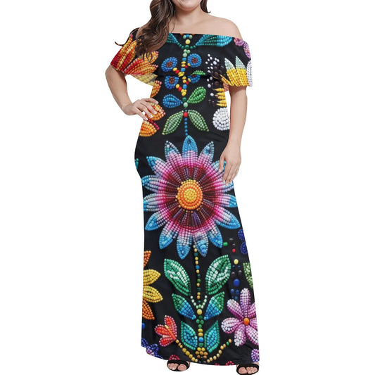 Women's Summer Flower Beaded Off Shoulder Long Dress w/ Printed Upper