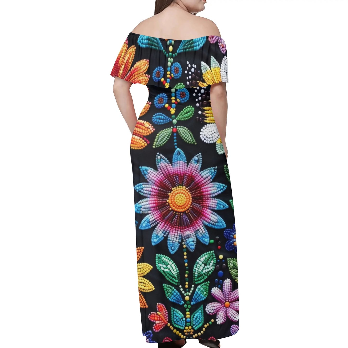 Women's Summer Flower Beaded Off Shoulder Long Dress w/ Printed Upper