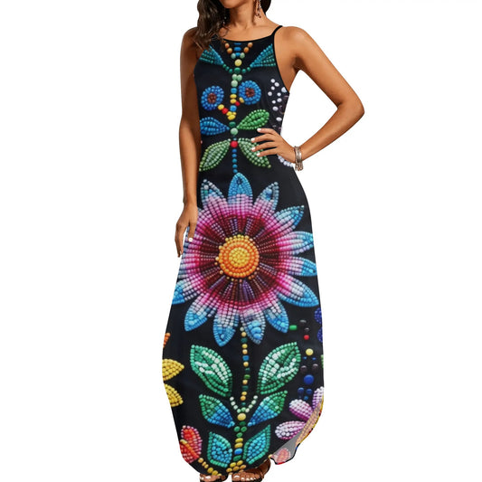 Women's Summer Flower Beaded Sleeveless Maxi Dress