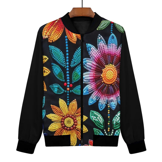 Women's Summer Flower Beaded Zip Up Lightweight Bomber Jacket