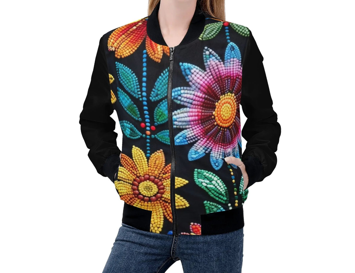 Women's Summer Flower Beaded Zip Up Lightweight Bomber Jacket