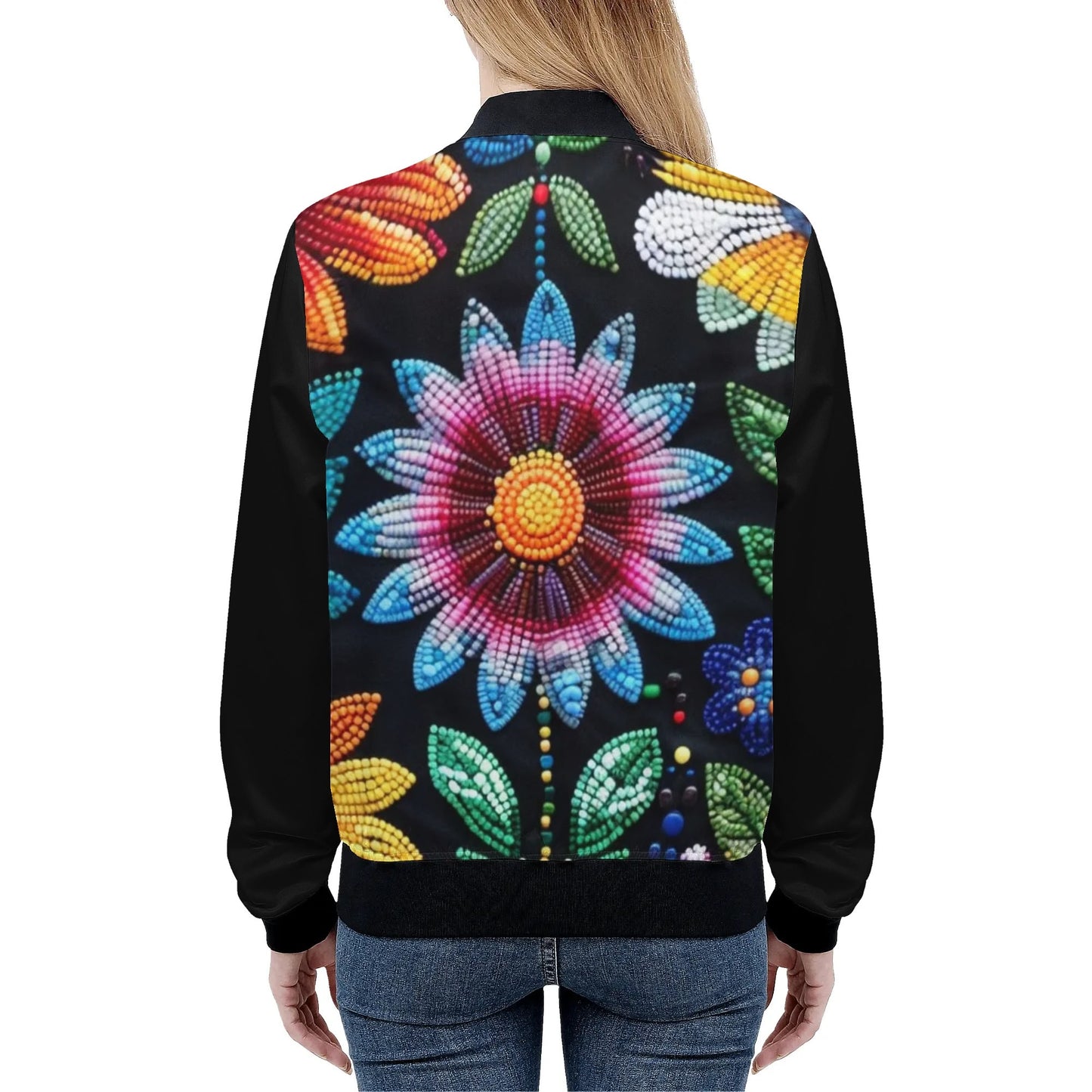 Women's Summer Flower Beaded Zip Up Lightweight Bomber Jacket