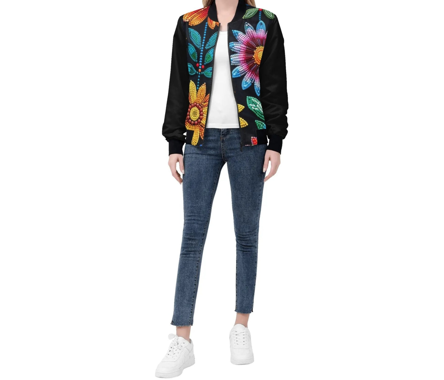 Women's Summer Flower Beaded Zip Up Lightweight Bomber Jacket