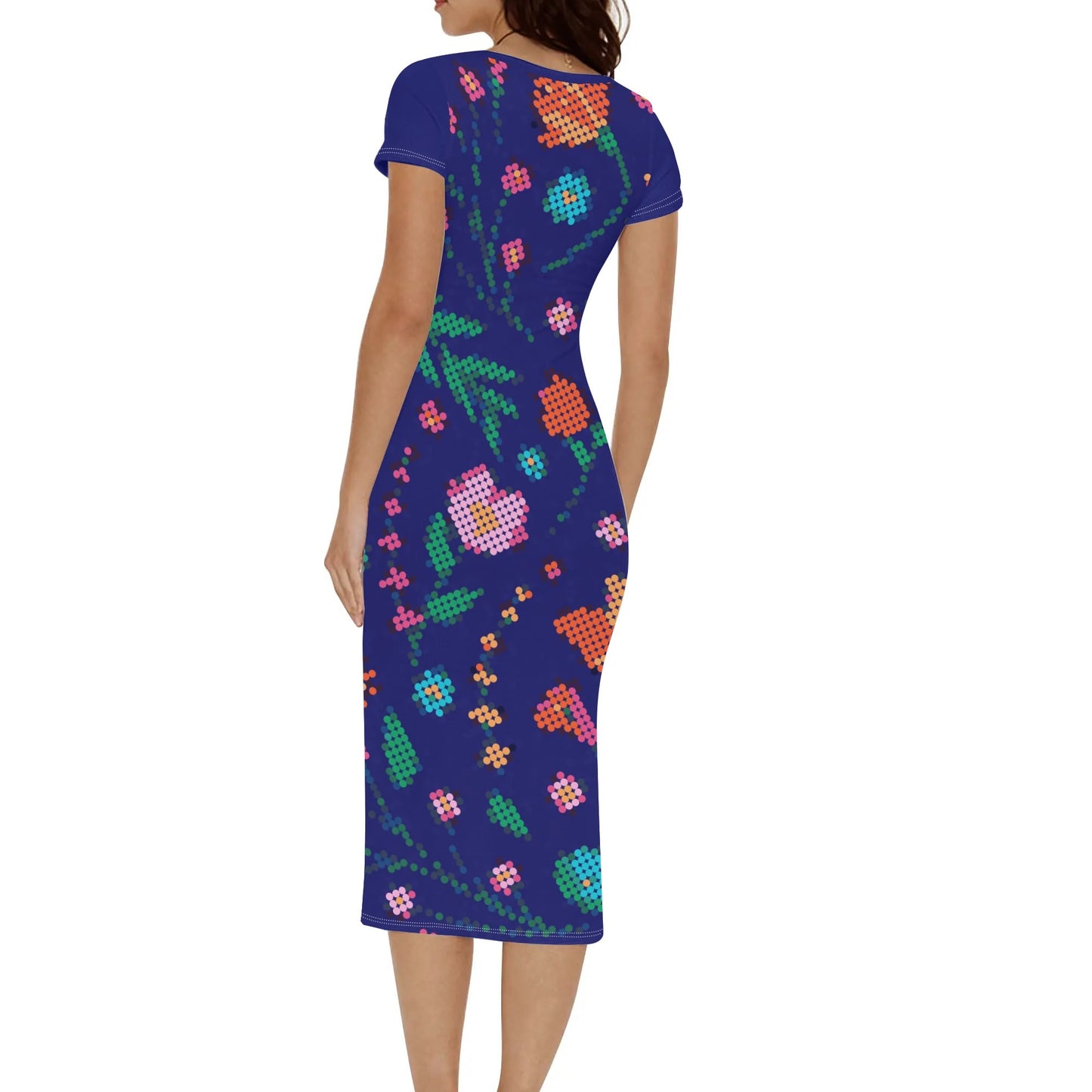 Women's Métis Digital Dotted Floral Short Sleeve Long Dress