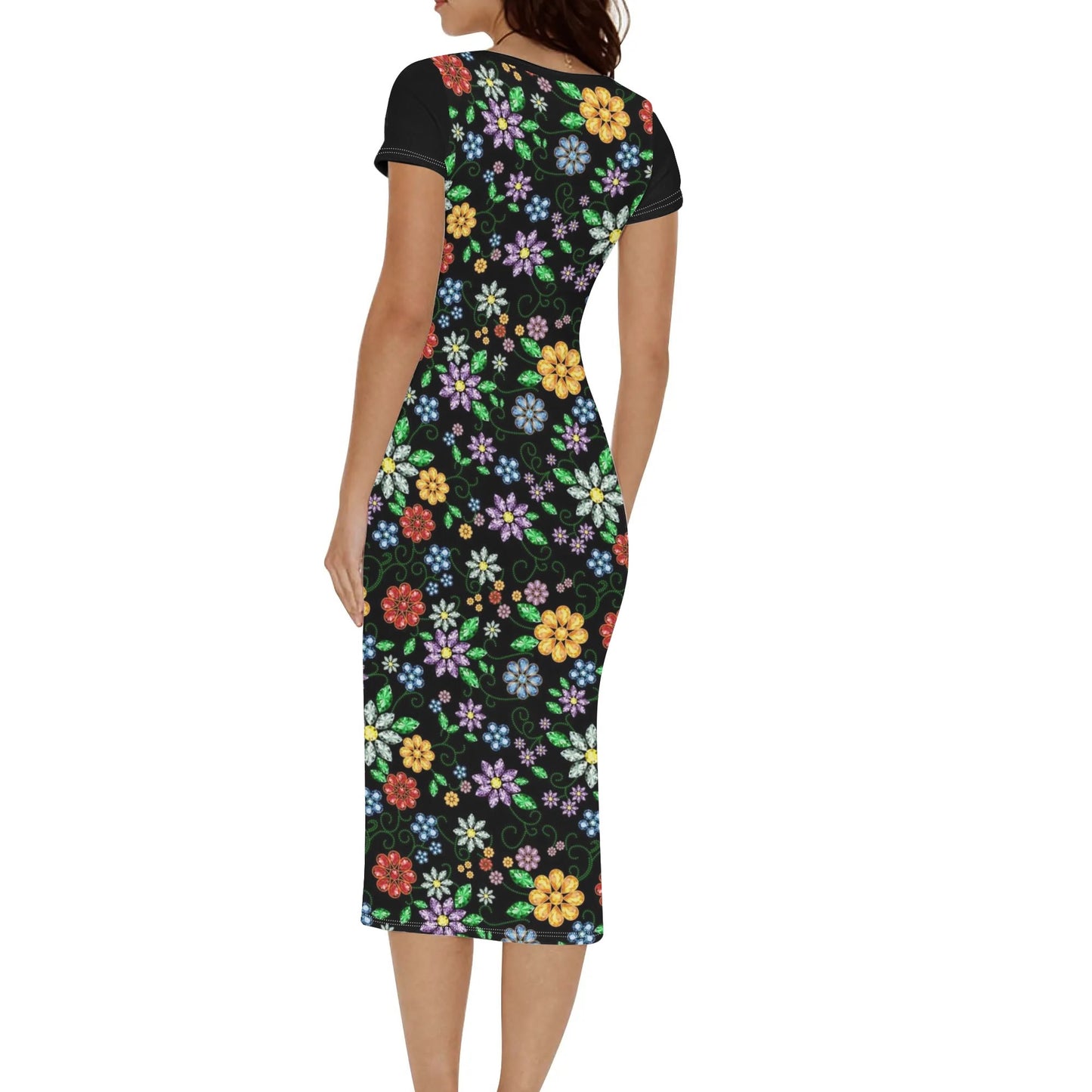 Women's Métis Inspired Floral Short Sleeve Long Dress