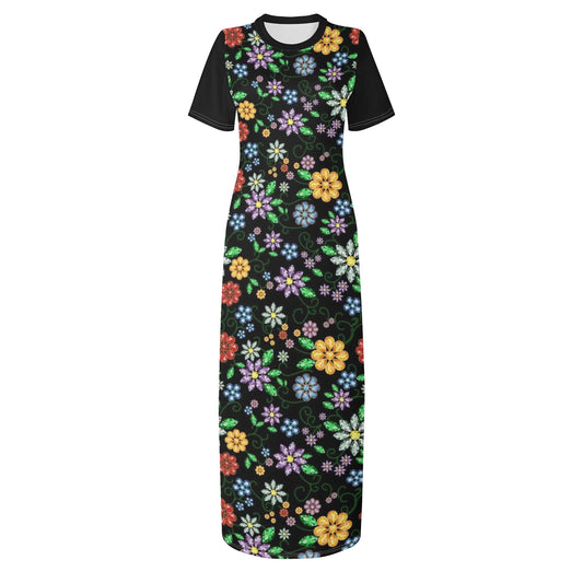 Women's Métis Inspired Floral Short Sleeve Long Dress