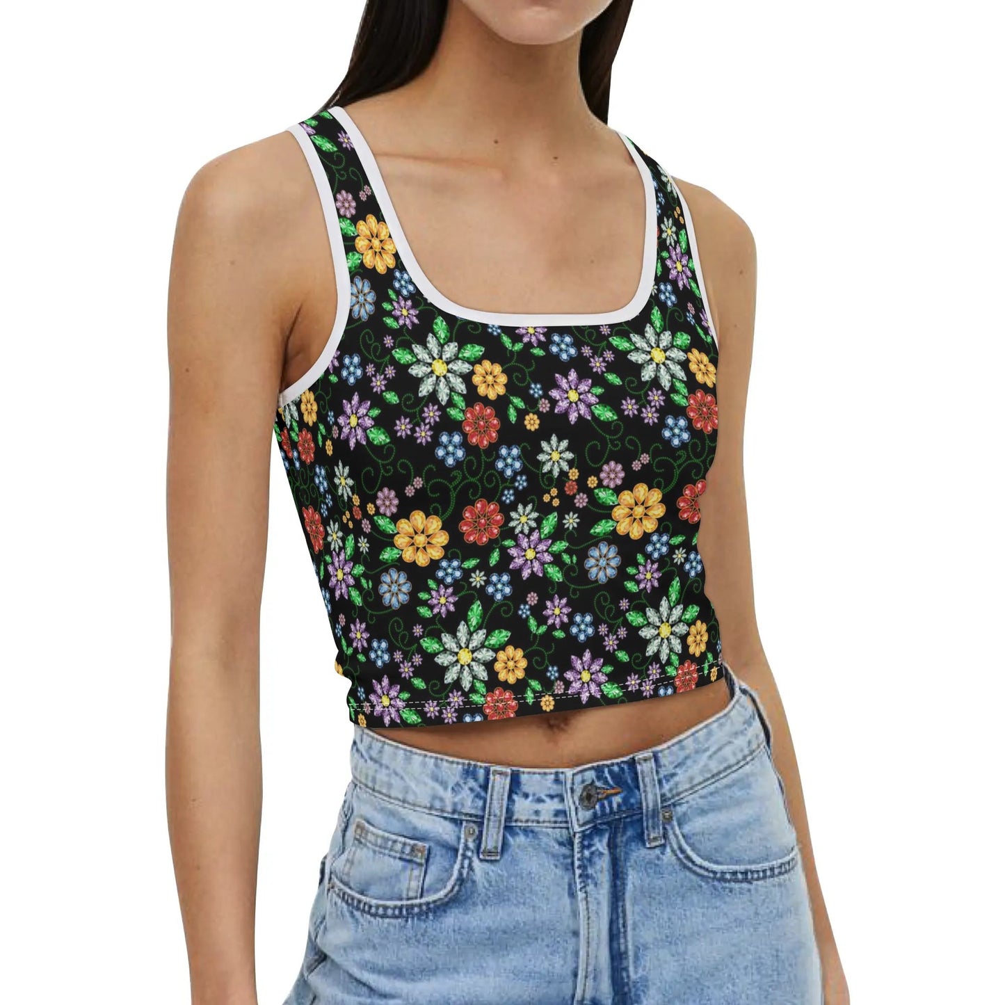 Women's Métis Inspired Floral Beaded Crop Tank Top