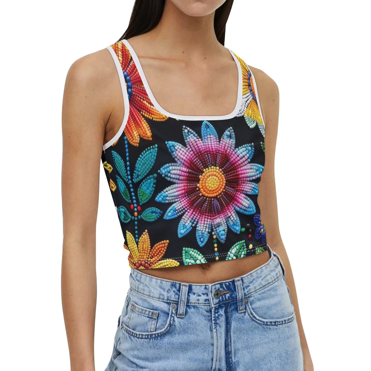 Women's Summer Flower Beaded Crop Tank Top