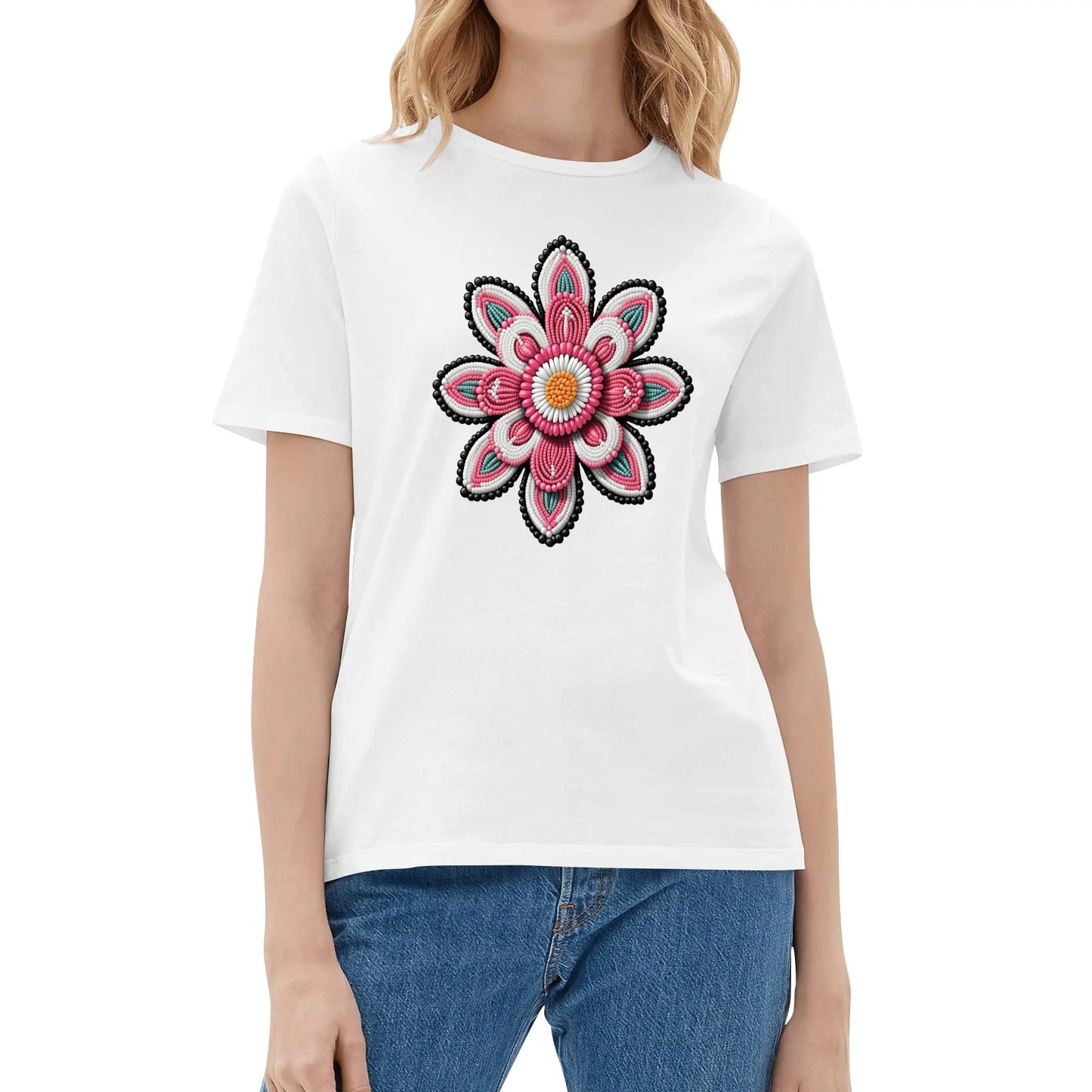 Women's Pink Beaded Flower Cotton T-Shirt