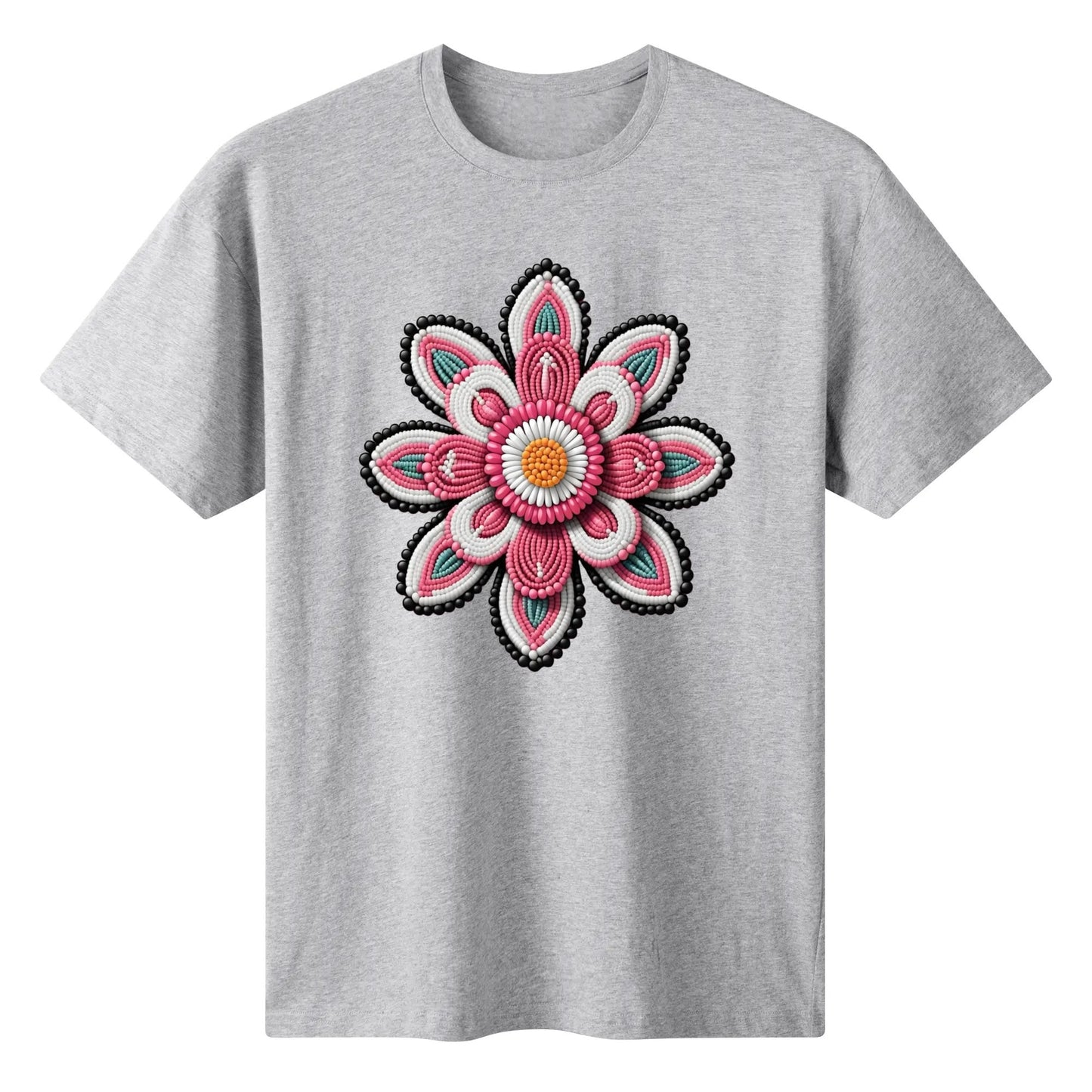 Women's Pink Beaded Flower Cotton T-Shirt