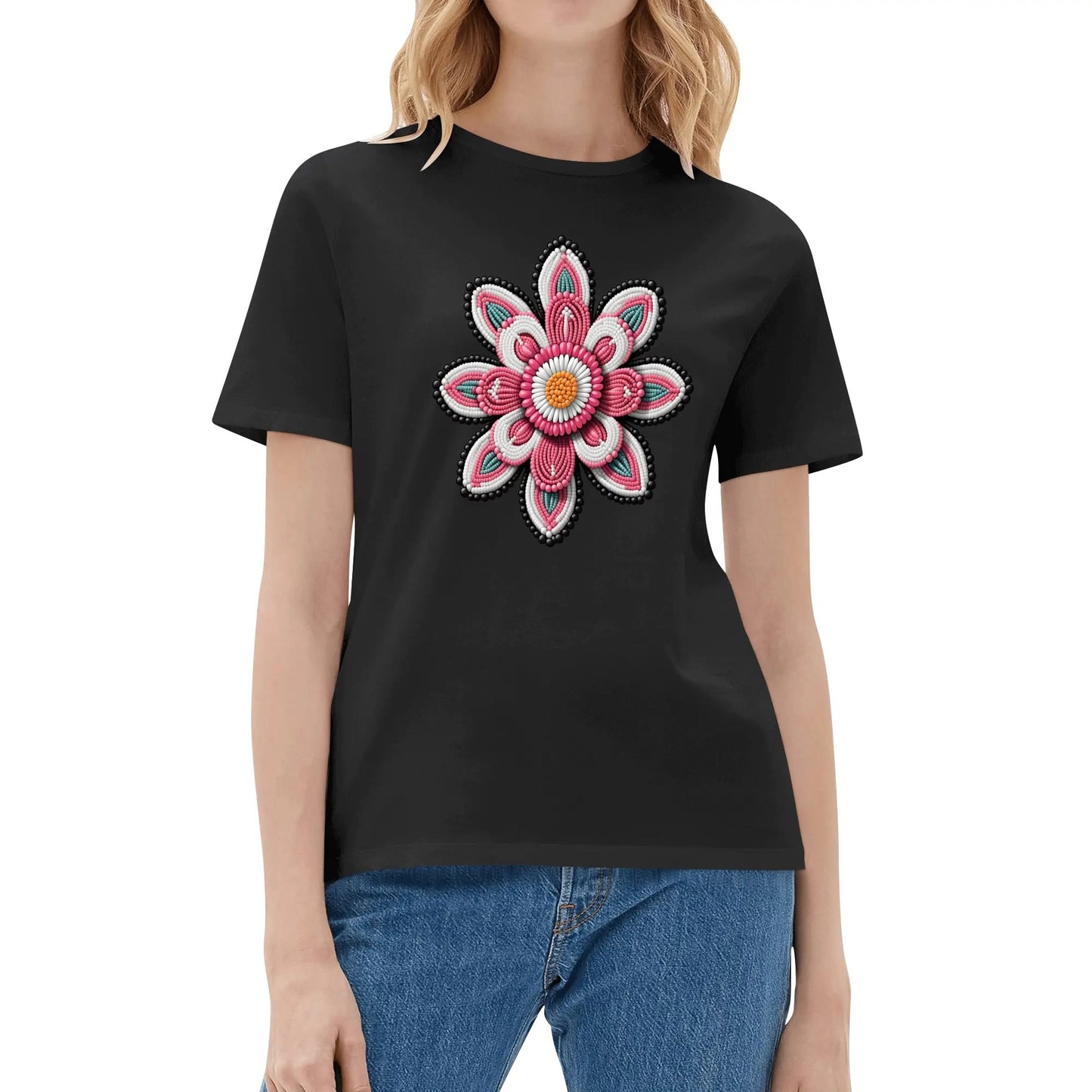 Women's Pink Beaded Flower Cotton T-Shirt