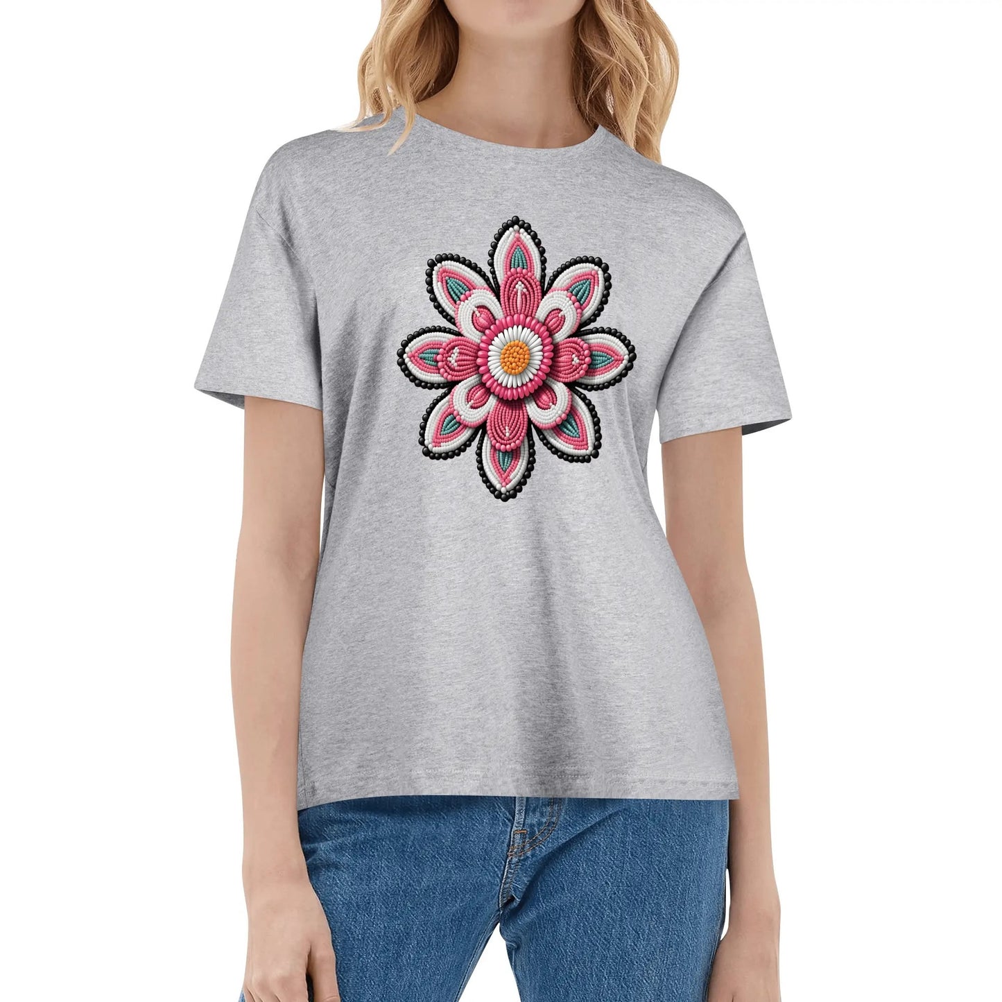 Women's Pink Beaded Flower Cotton T-Shirt