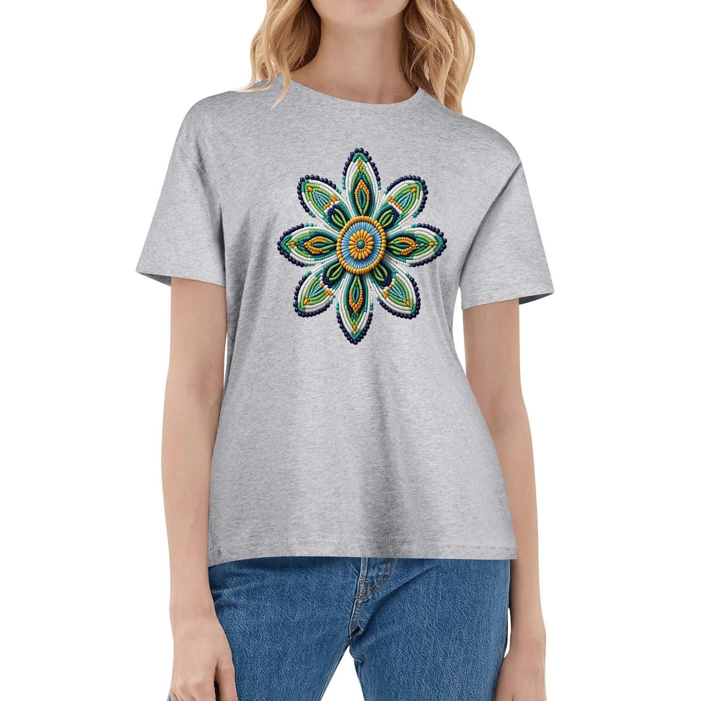 Women's Green Beaded Flower Cotton T-Shirt