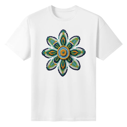 Women's Green Beaded Flower Cotton T-Shirt